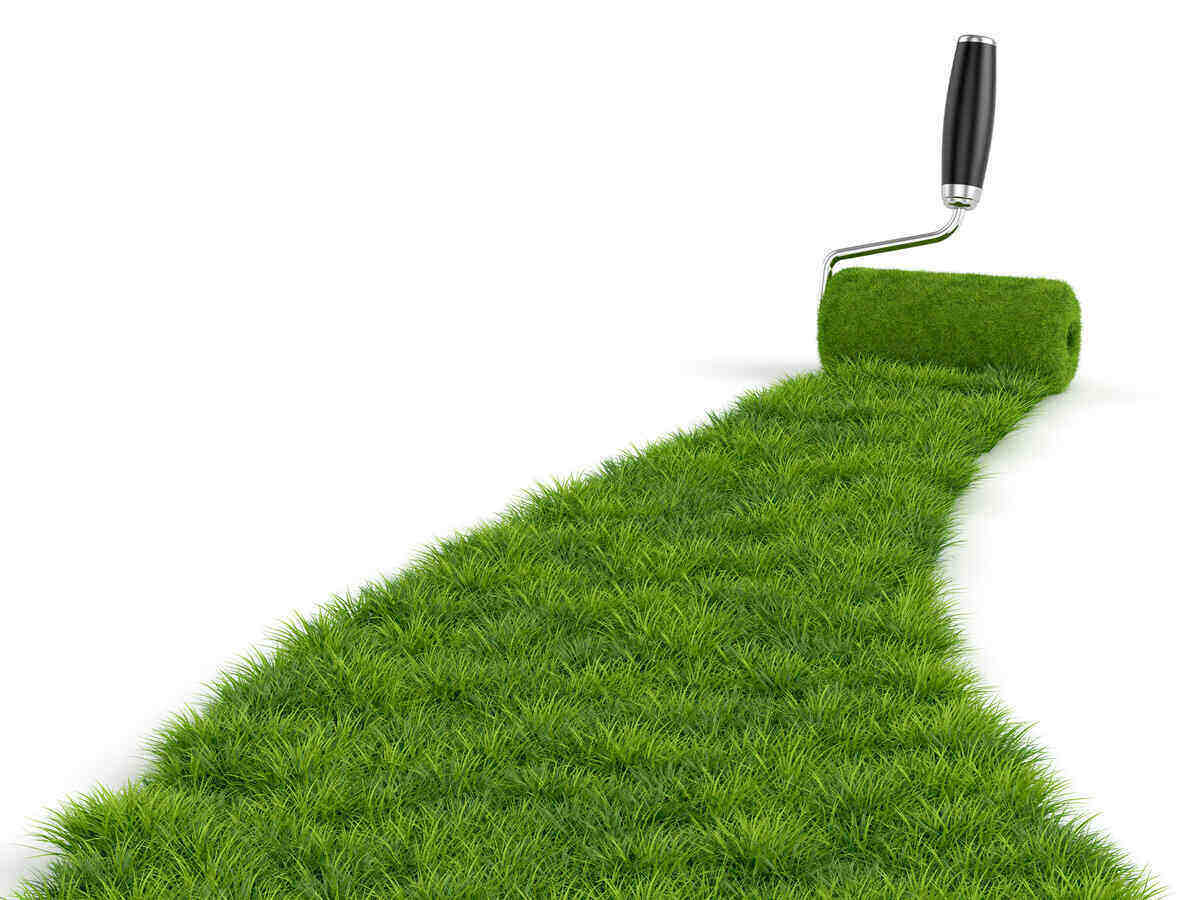 paint roller rolling out green grass on a white background