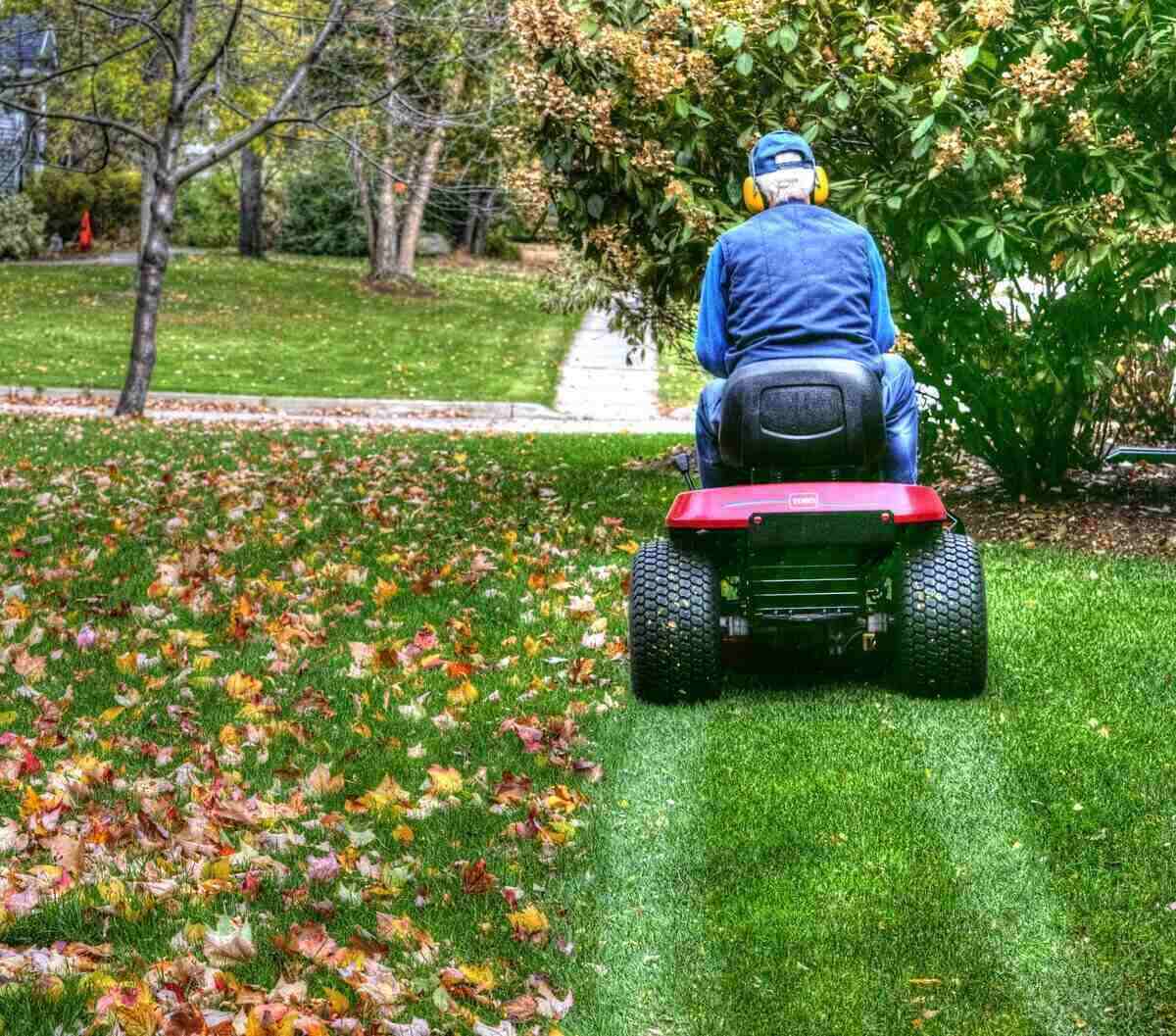 senior man on a riding lawn mower mulching up leaves while cutting the grass